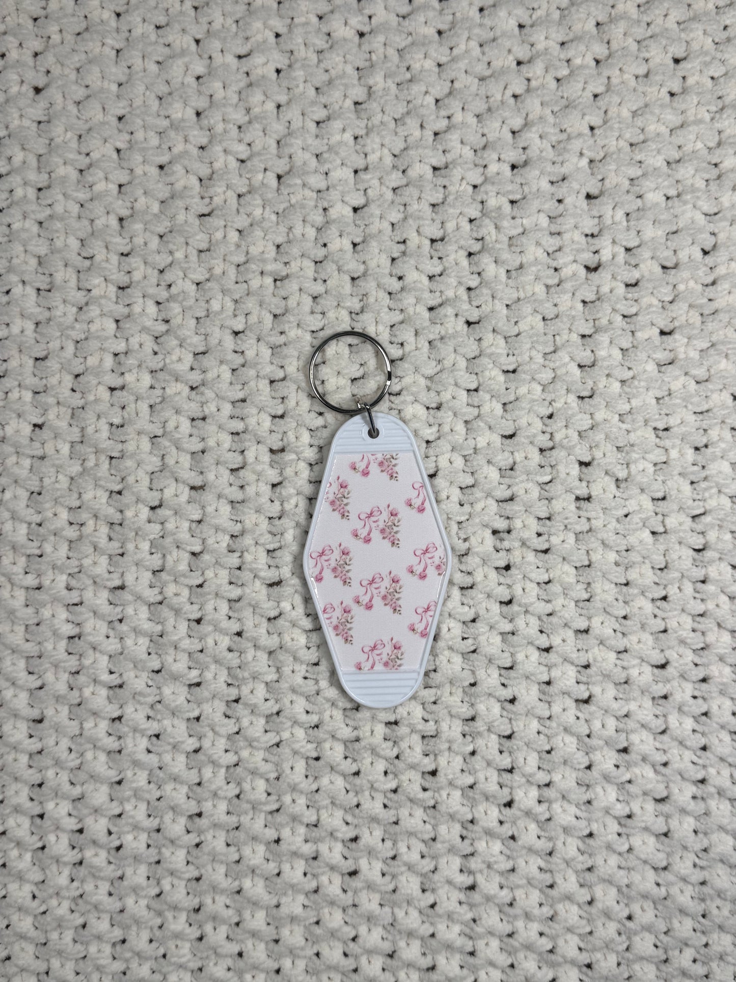 White Keychain - Pink Floral and Bow Design