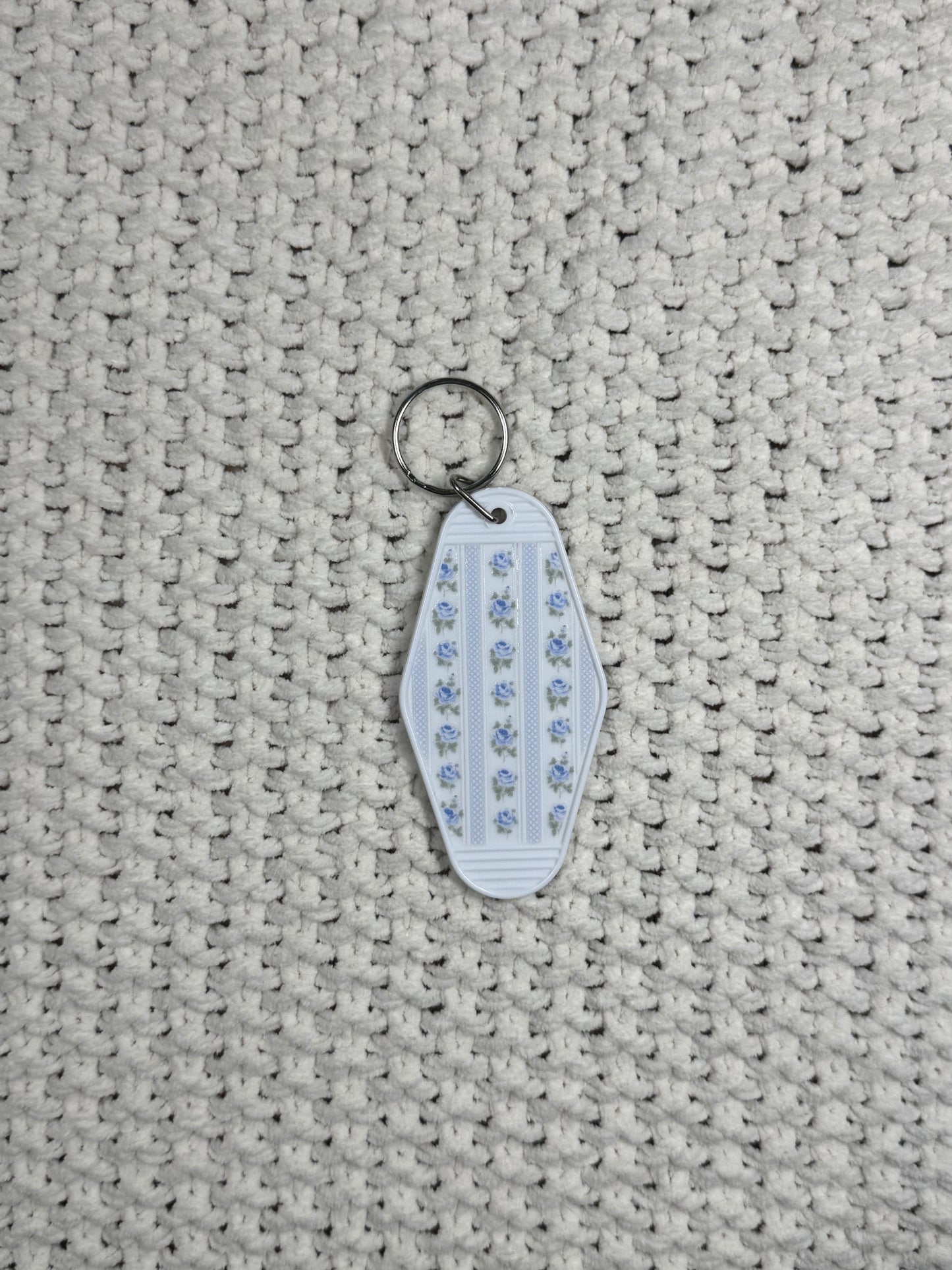 White Keychain - Blue Flowers and Stripes Design