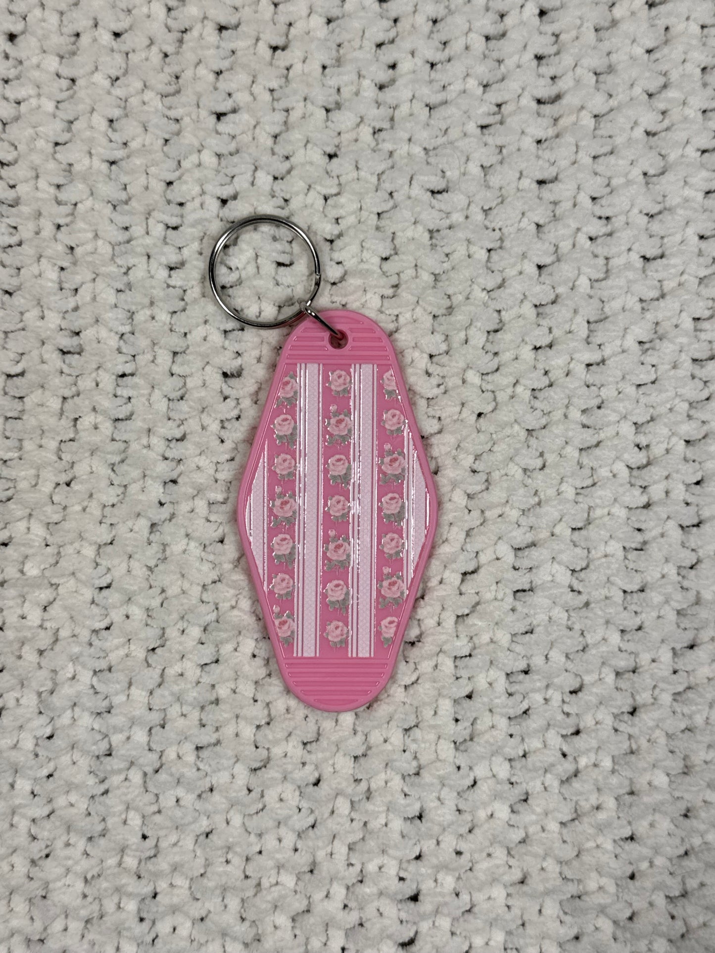 Pink Keychain - Pink Flowers and Stripes Design
