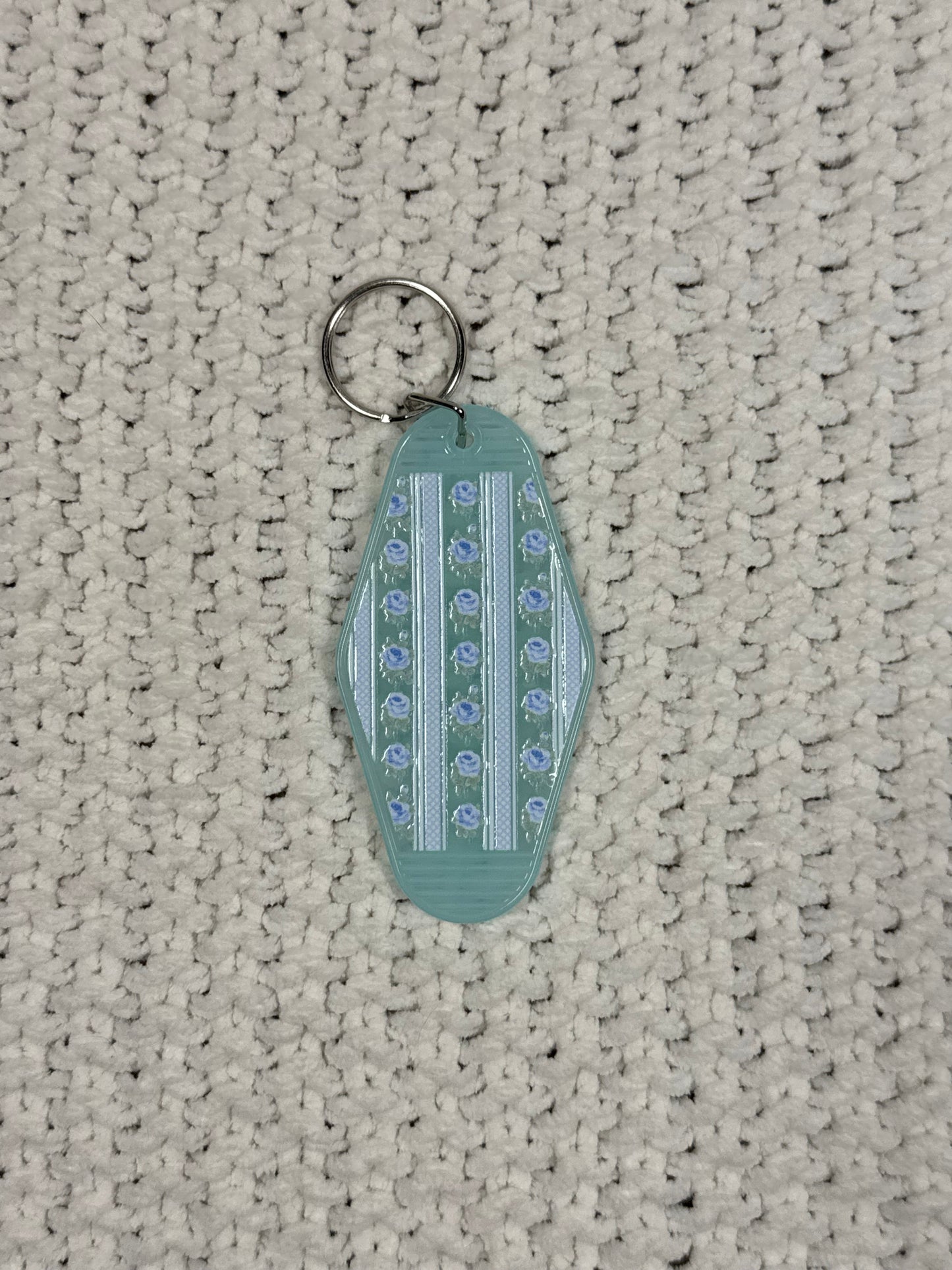 Translucent Blue Keychain - Blue Flowers and Stripes Design
