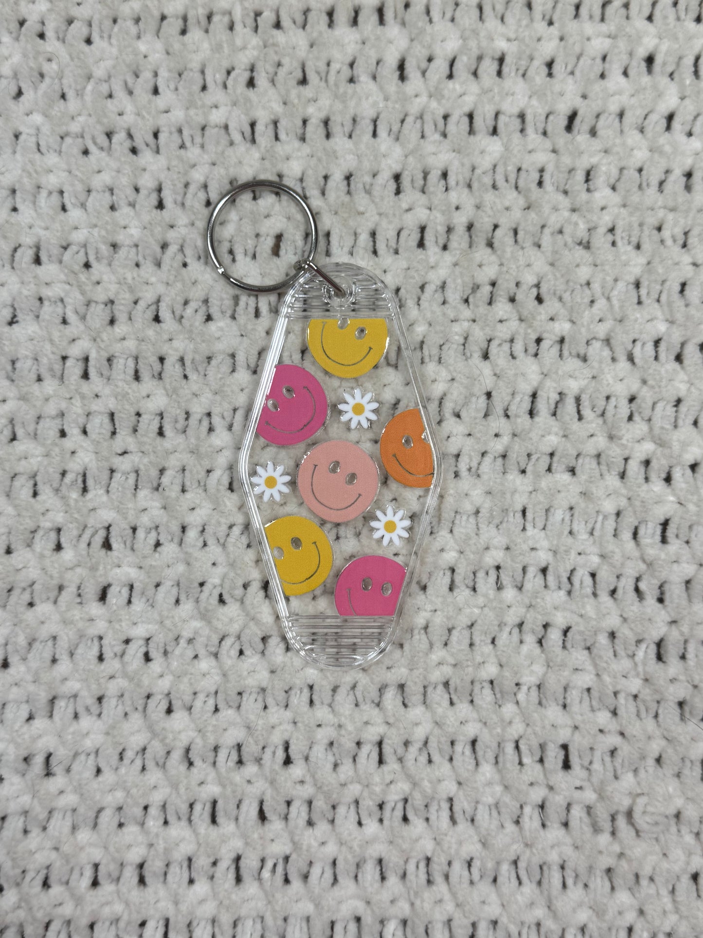 Clear Keychain - Smiley Faces and Daisies Design