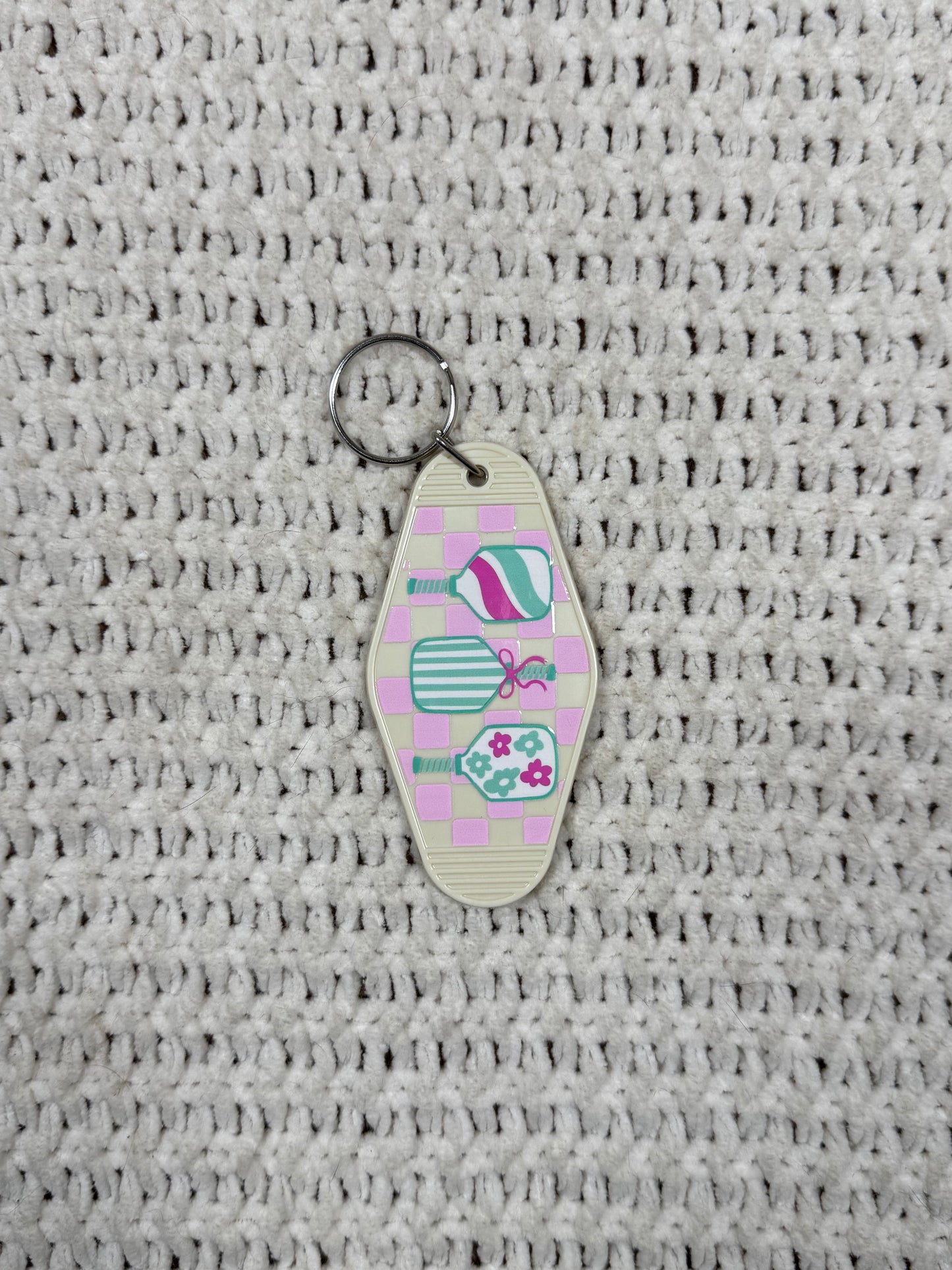 Tan Keychain - Checkered Pickleball Design