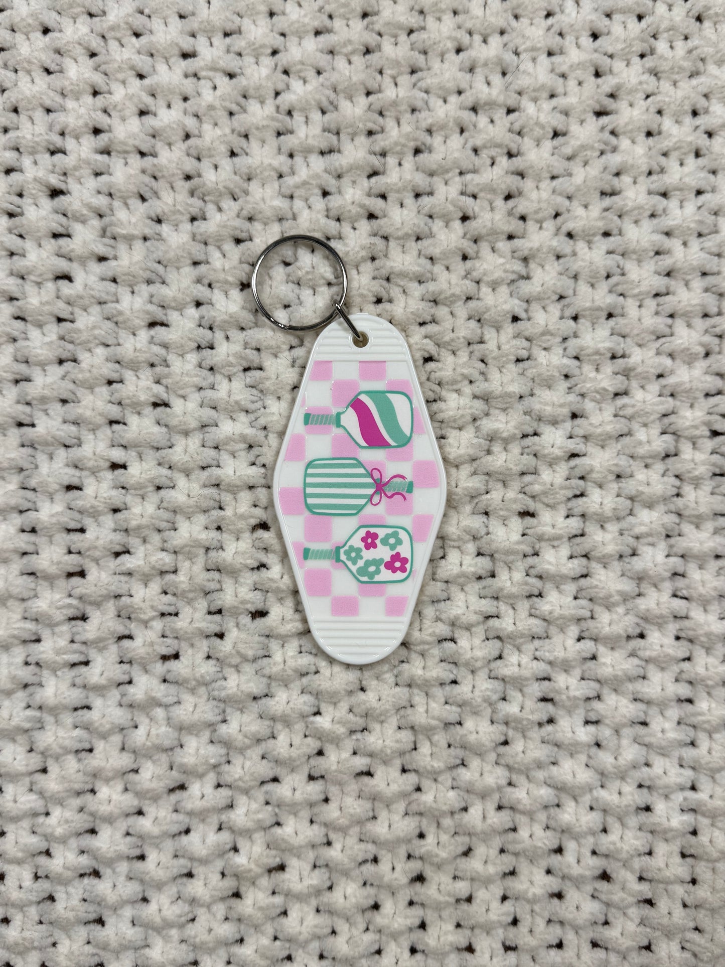 White Keychain - Checkered Pickleball Design
