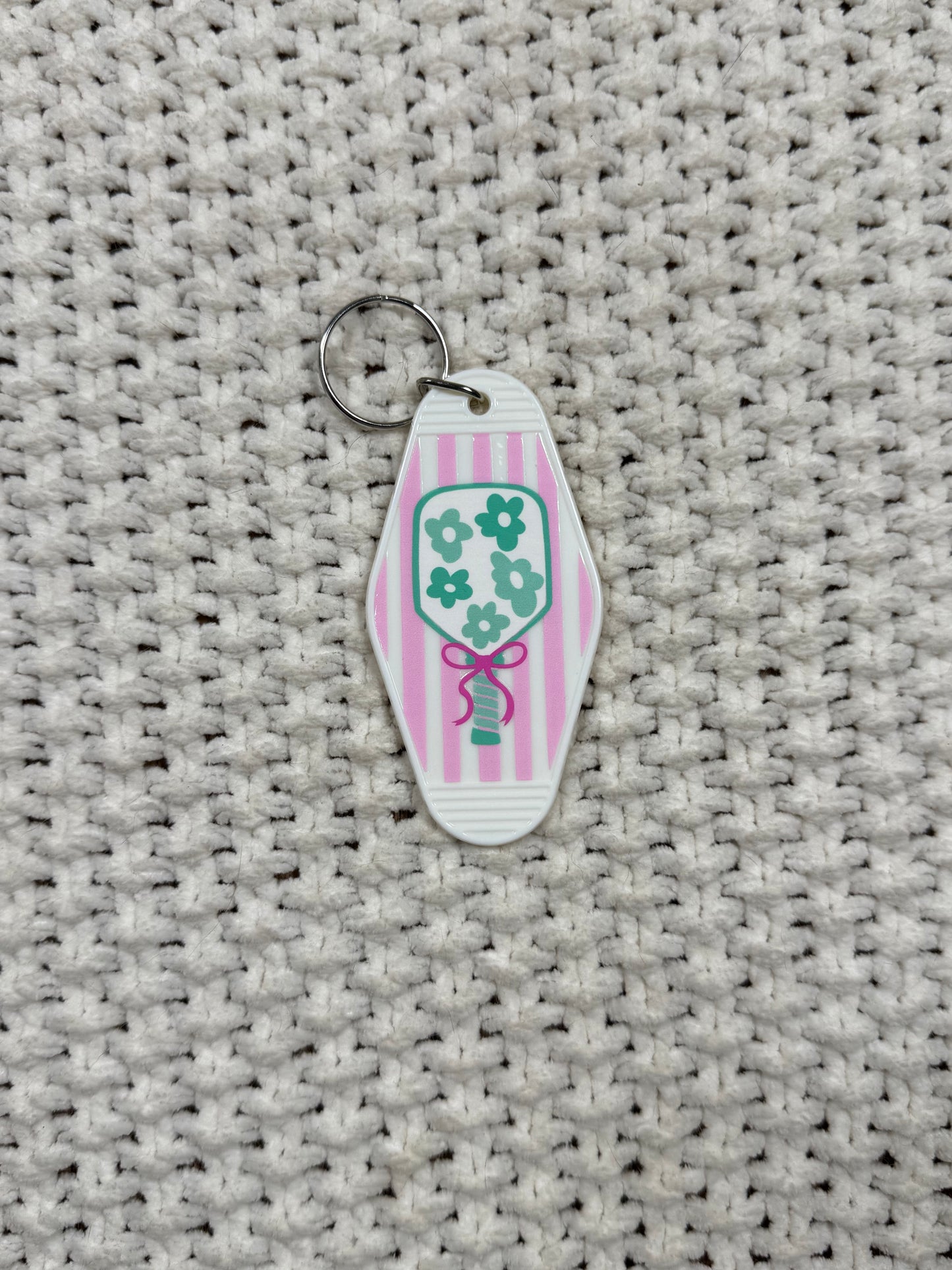 White Keychain - Striped Pickleball Design
