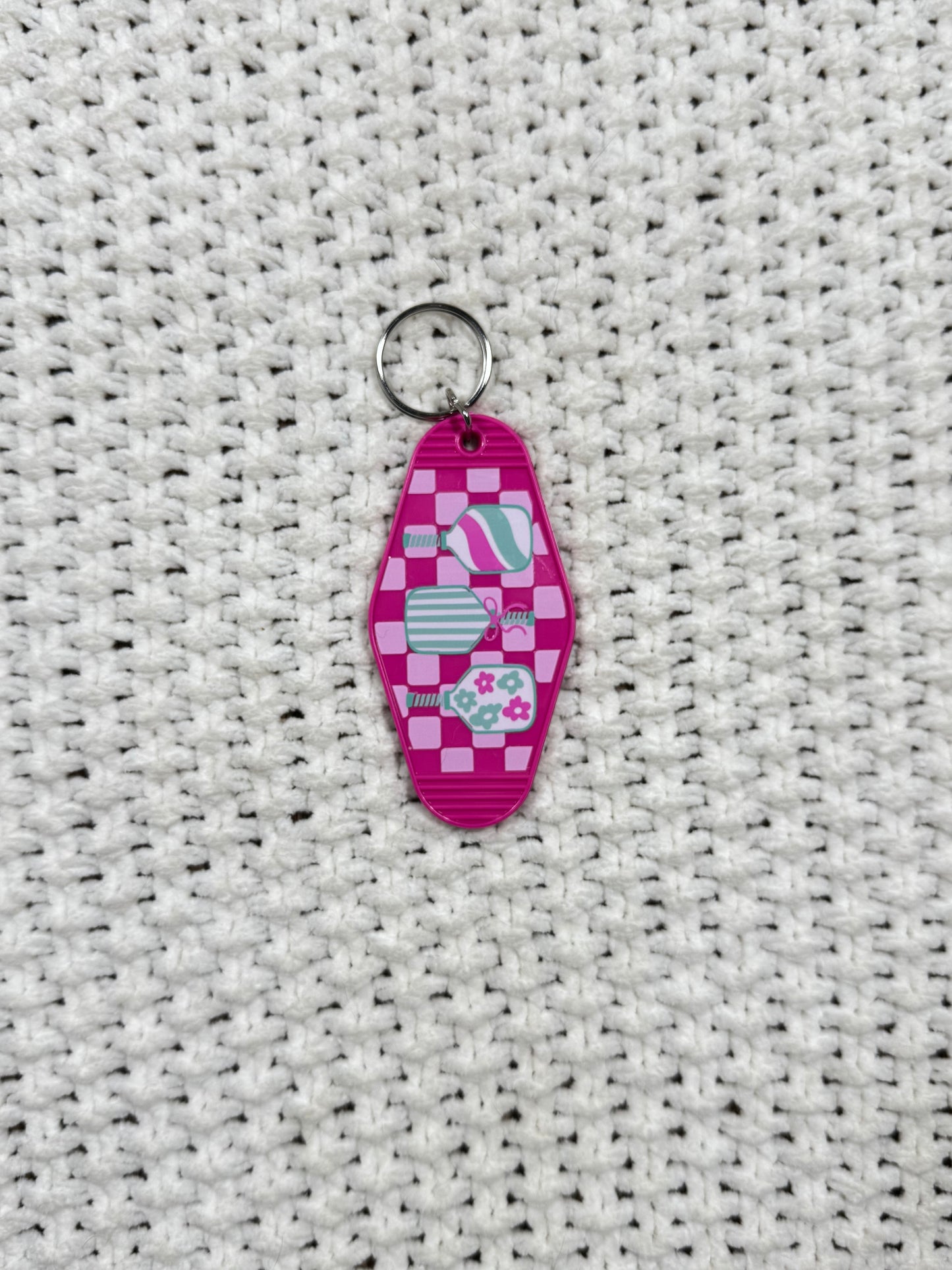 Fuchsia Keychain - Checkered Pickleball Design
