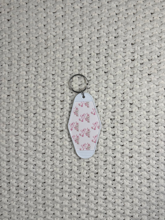 White Keychain - Pink Floral and Bow Design