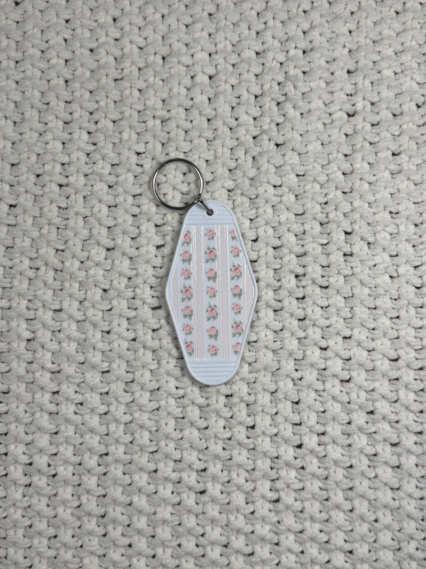 White Keychain - Pink Flowers and Stripes Design