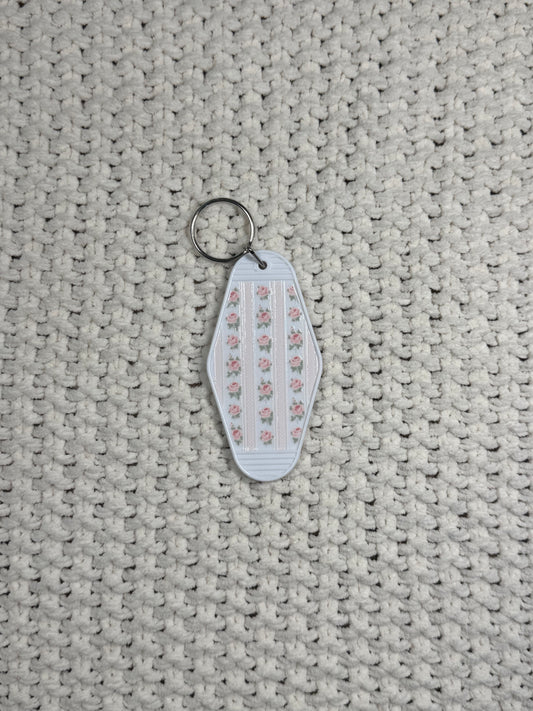 White Keychain - Pink Flowers and Stripes Design