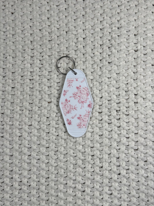 White Keychain - Pink Floral Design