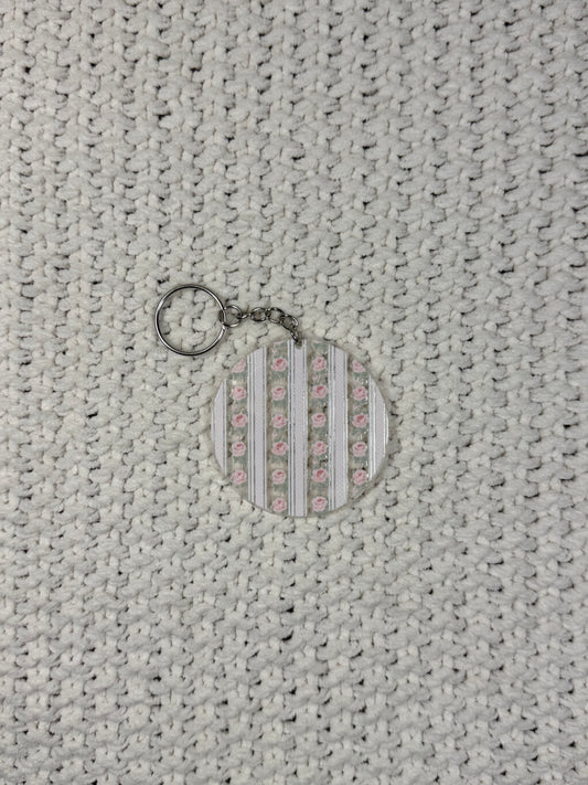 Pink Flowers and Stripes Acrylic Keychain