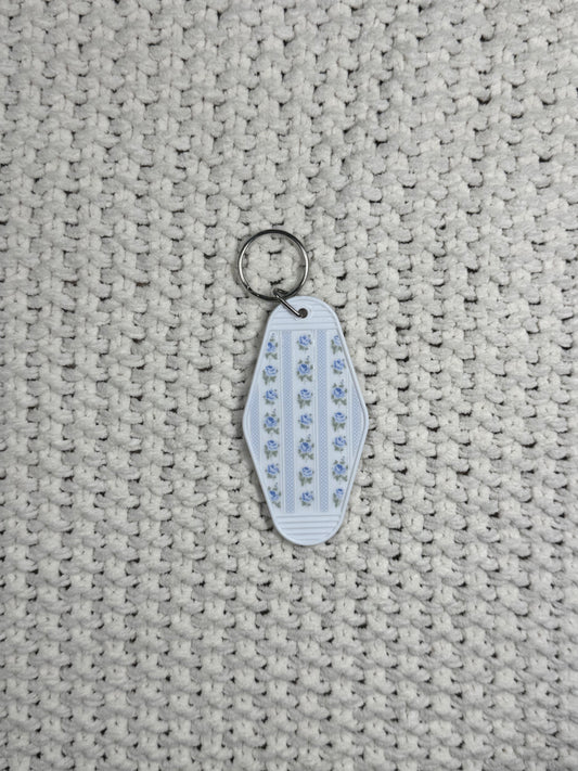 White Keychain - Blue Flowers and Stripes Design