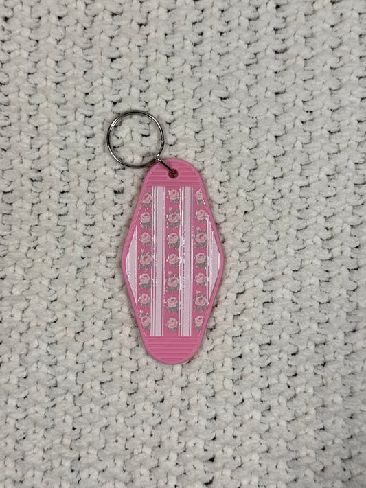 Pink Keychain - Pink Flowers and Stripes Design