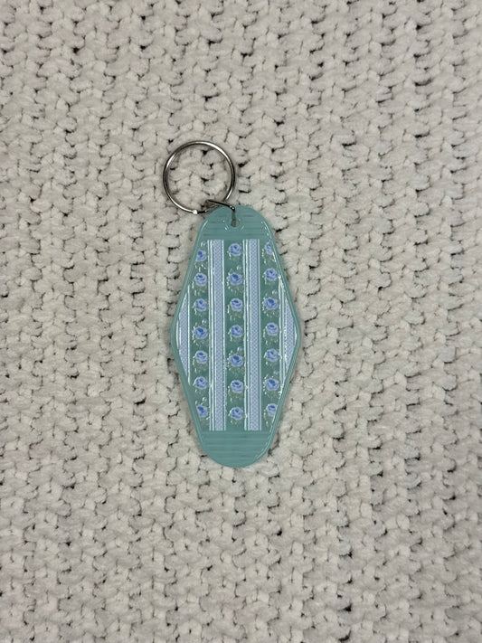 Translucent Blue Keychain - Blue Flowers and Stripes Design