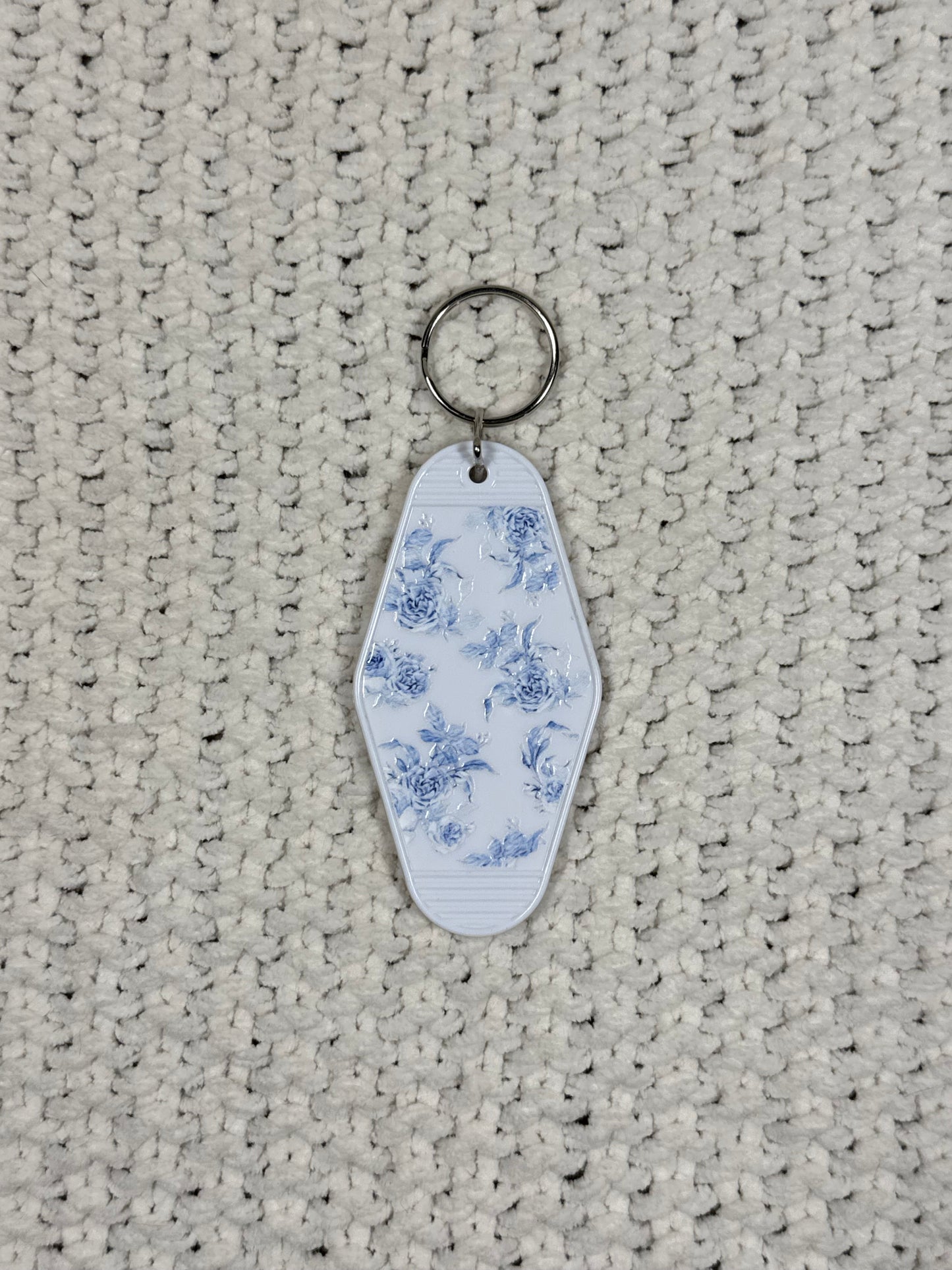 White Keychain - Blue Floral Design