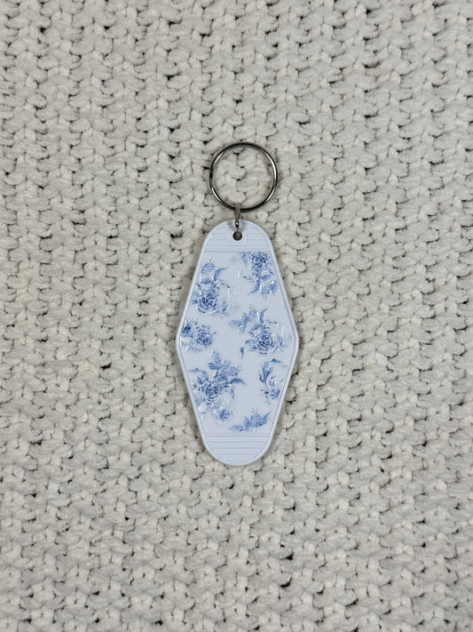 White Keychain - Blue Floral Design