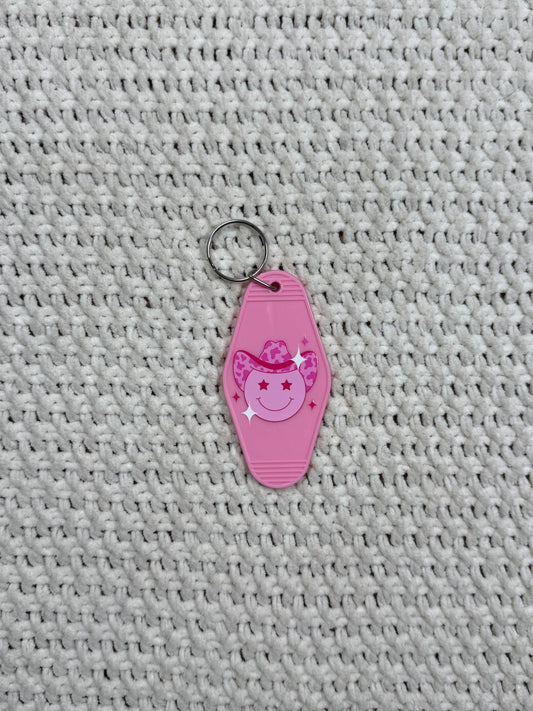 Pink Keychain - Smiley Cowgirl Design