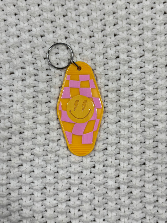 Golden Yellow Keychain - Lightning Smiley Checkered Design
