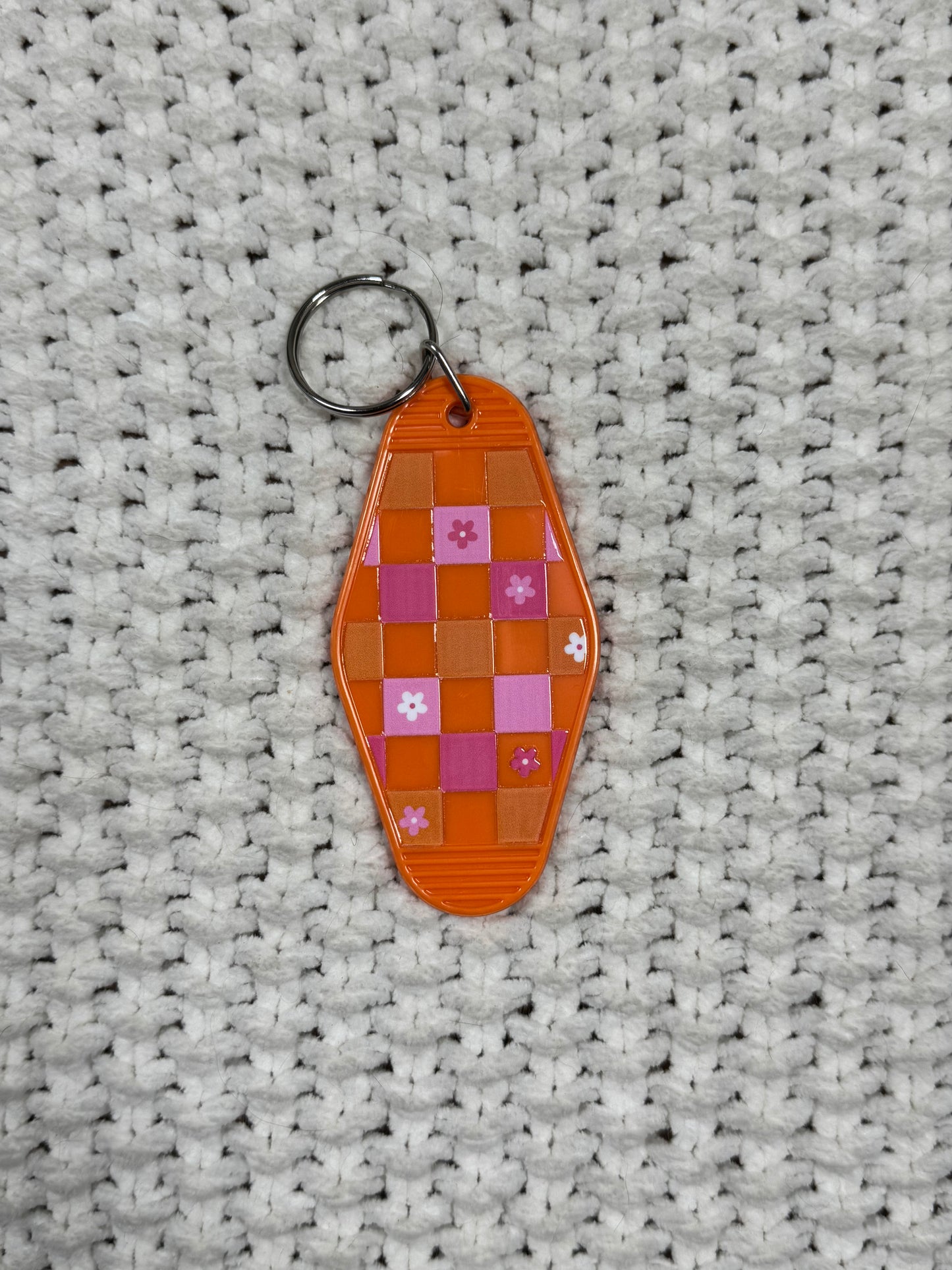 Orange Keychain - Pink Daisy Checkered Design