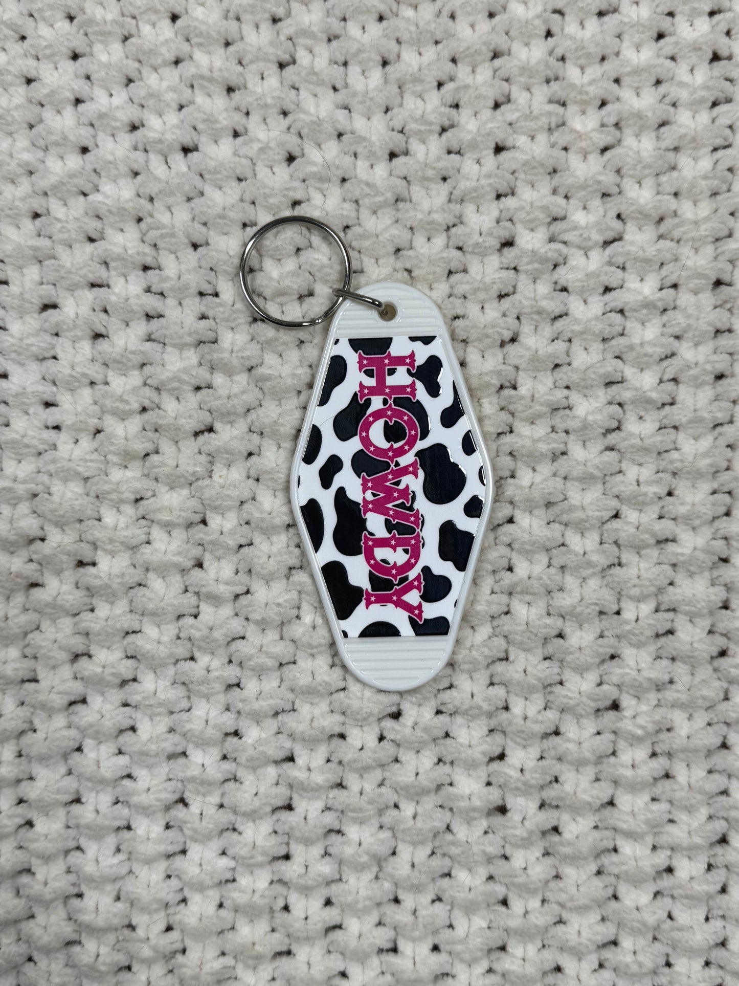 White Keychain - Cow Print Howdy Design