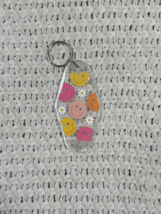 Clear Keychain - Smiley Faces and Daisies Design